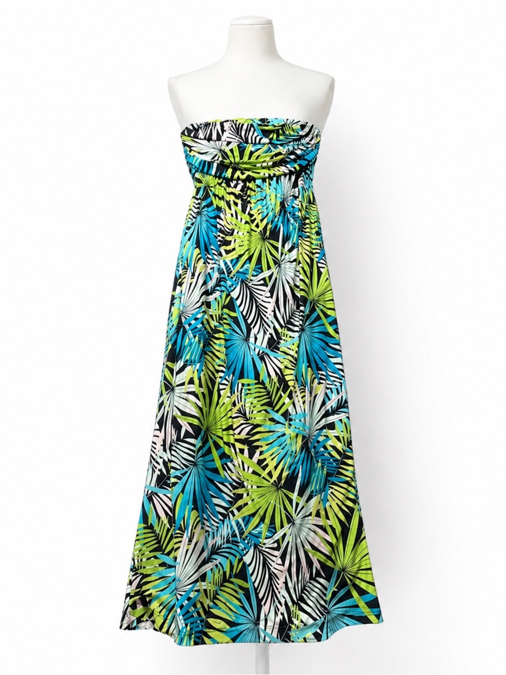 Vtg Iolani Hawaiian Dress Women M Tropical Strapless Maxi Black Aqua USA Stretch